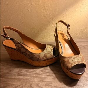 Coach Tan and Brown Patterned Wedges
